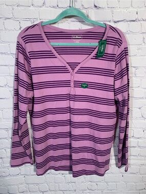 L.L.Bean Womens Intrick V-Neck Henley Long Sleeve Striped Top Purple Size L NWT